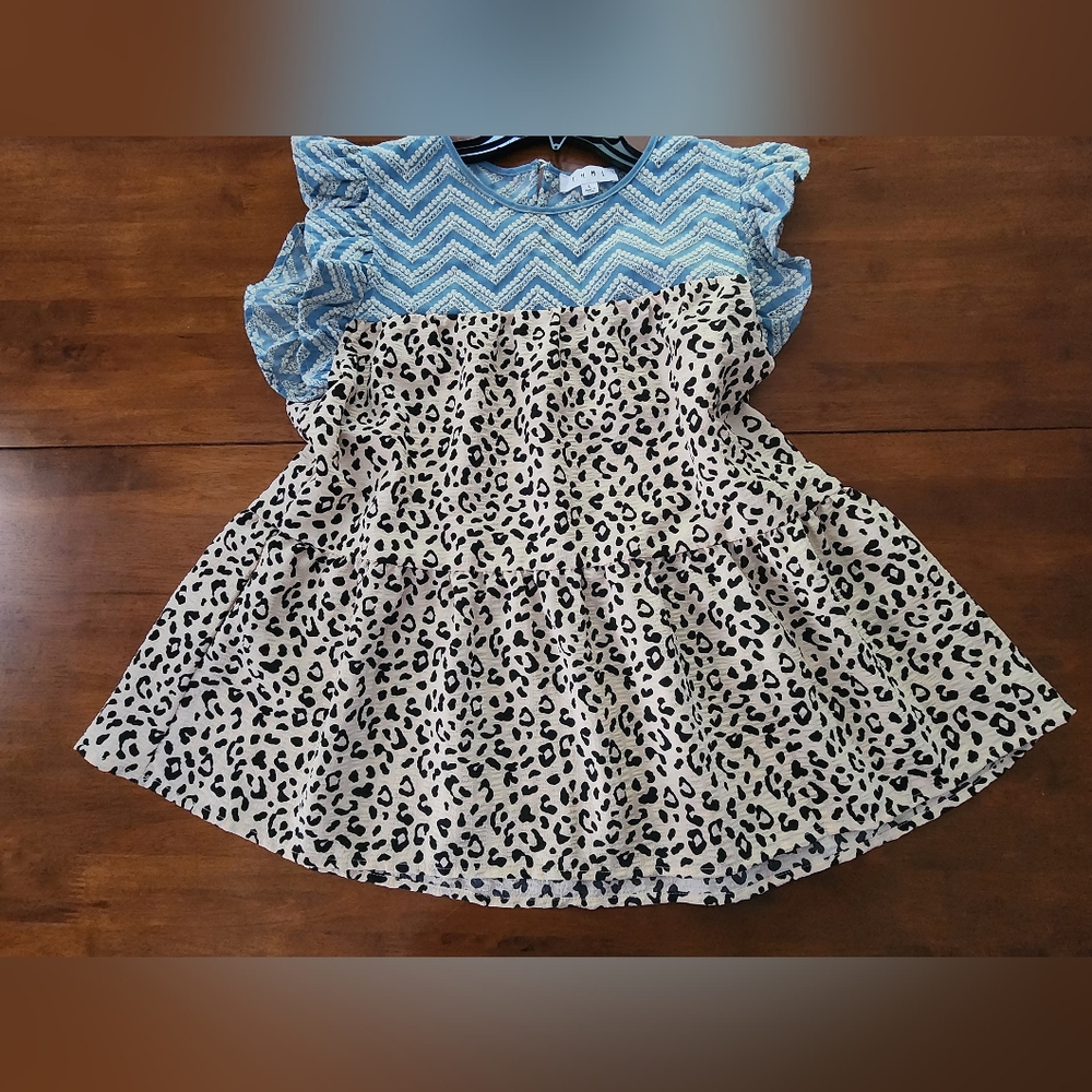 THML Blue Chevron & Cream Leopard Ruffle Sleeve Peplum Top - Picture 6 of 6